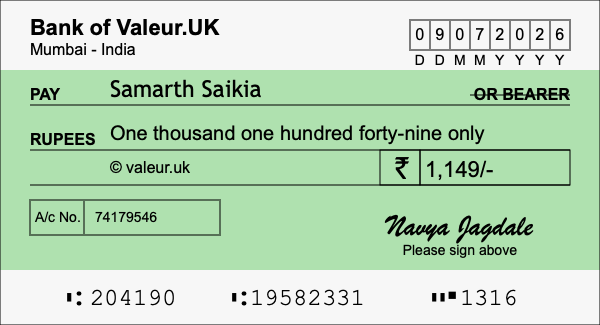 How to write a cheque for 1,149 rupees