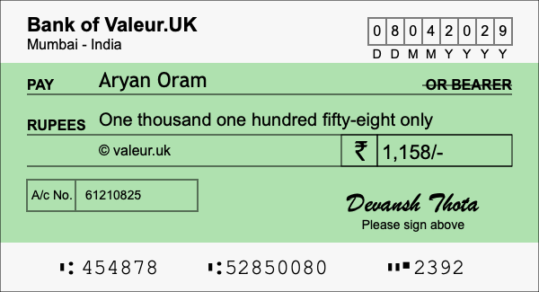 How to write a cheque for 1,158 rupees
