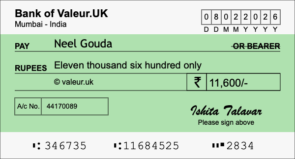 How to write a cheque for 11,600 rupees