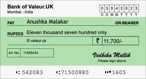 How to write a cheque for 11,700 rupees