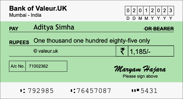 How to write a cheque for 1,185 rupees How to write a cheque for 1,185 rupees