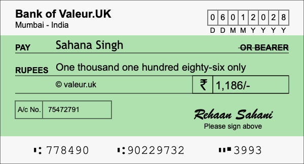 How to write a cheque for 1,186 rupees How to write a cheque for 1,186 rupees