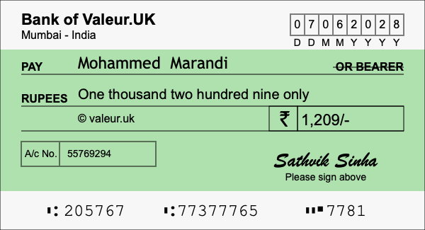 How to write a cheque for 1,209 rupees