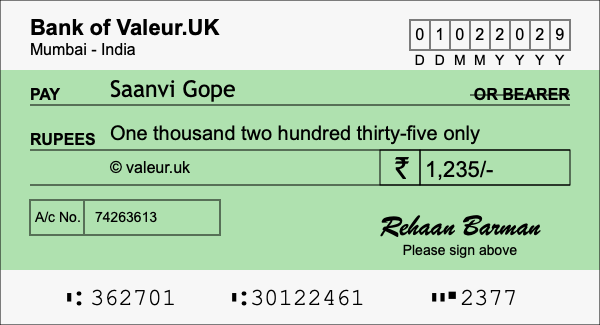How to write a cheque for 1,235 rupees