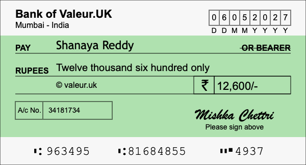 How to write a cheque for 12,600 rupees