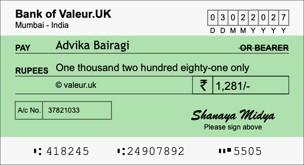 How to write a cheque for 1,281 rupees How to write a cheque for 1,281 rupees