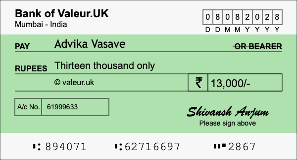 How to write a cheque for 13,000 rupees