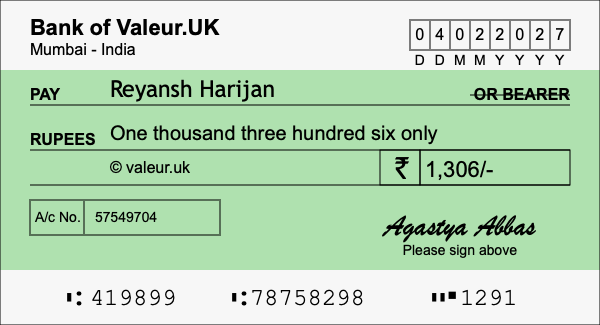 How to write a cheque for 1,306 rupees How to write a cheque for 1,306 rupees