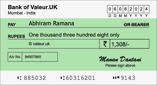 How to write a cheque for 1,308 rupees How to write a cheque for 1,308 rupees