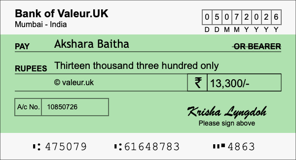 How to write a cheque for 13,300 rupees