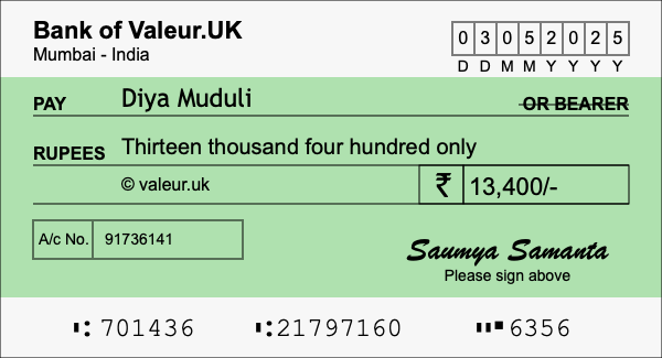 How to write a cheque for 13,400 rupees