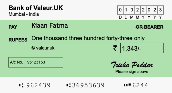 How to write a cheque for 1,343 rupees
