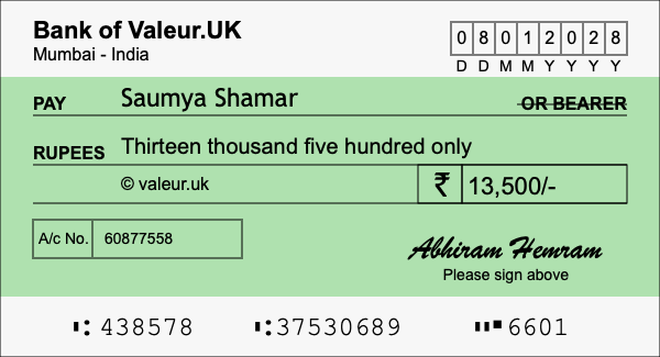 How to write a cheque for 13,500 rupees