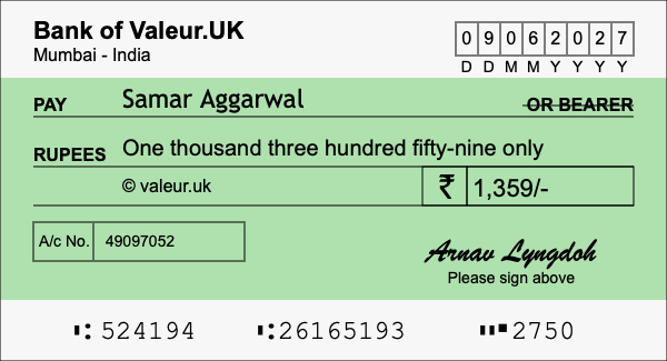 How to write a cheque for 1,359 rupees How to write a cheque for 1,359 rupees