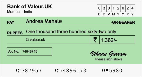 How to write a cheque for 1,362 rupees