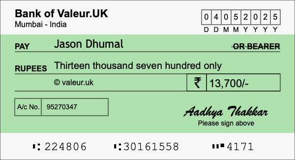 How to write a cheque for 13,700 rupees