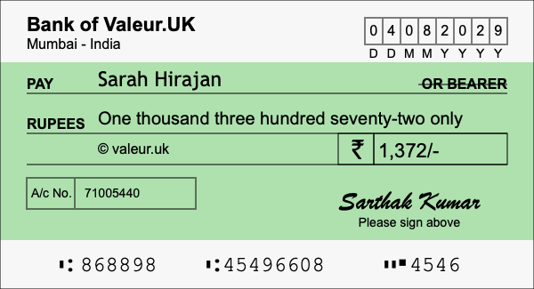 How to write a cheque for 1,372 rupees
