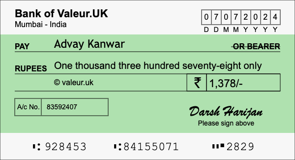 How to write a cheque for 1,378 rupees