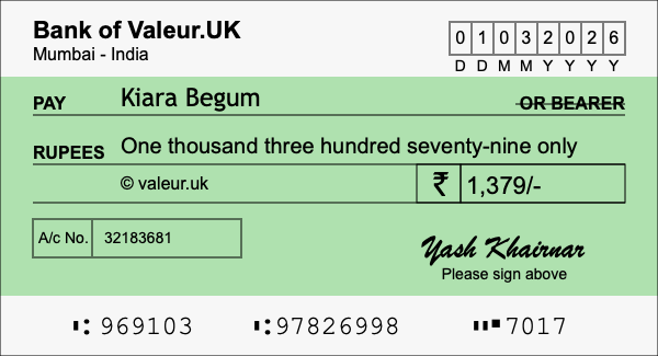 How to write a cheque for 1,379 rupees