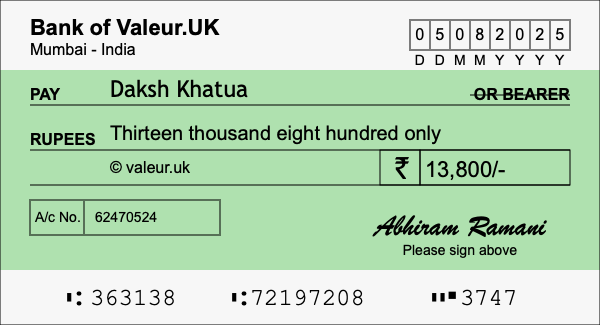 How to write a cheque for 13,800 rupees