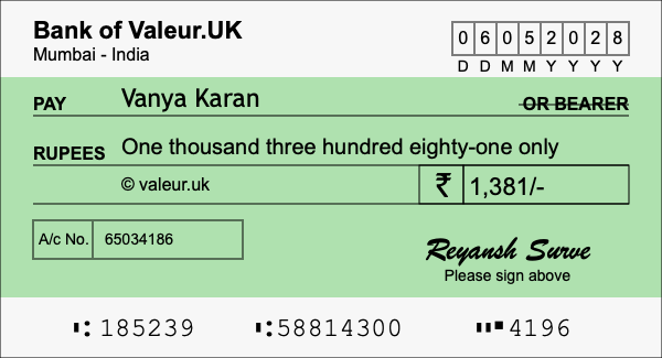 How to write a cheque for 1,381 rupees