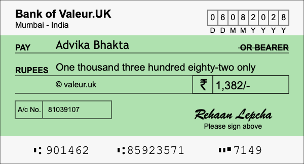 How to write a cheque for 1,382 rupees