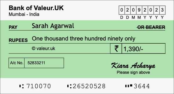 How to write a cheque for 1,390 rupees How to write a cheque for 1,390 rupees