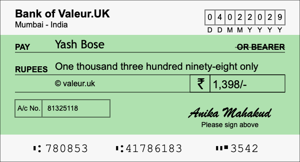 How to write a cheque for 1,398 rupees