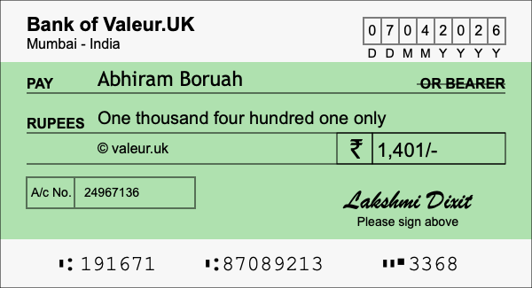 How to write a cheque for 1,401 rupees