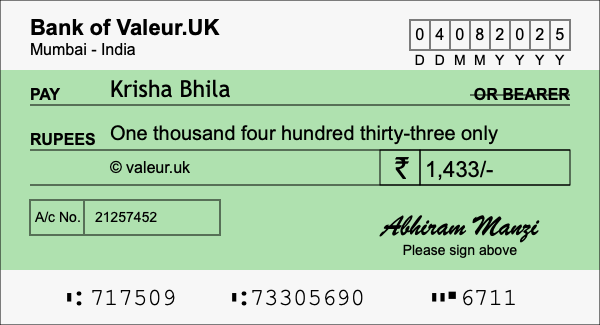 How to write a cheque for 1,433 rupees