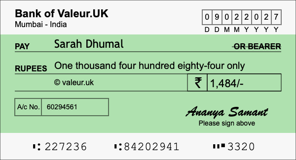 How to write a cheque for 1,484 rupees