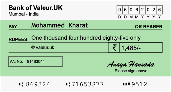 How to write a cheque for 1,485 rupees