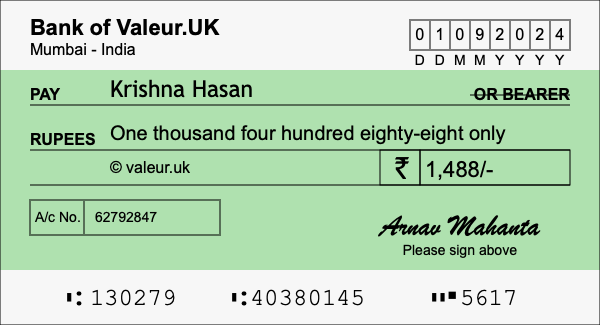 How to write a cheque for 1,488 rupees