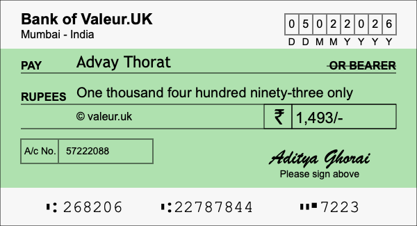 How to write a cheque for 1,493 rupees
