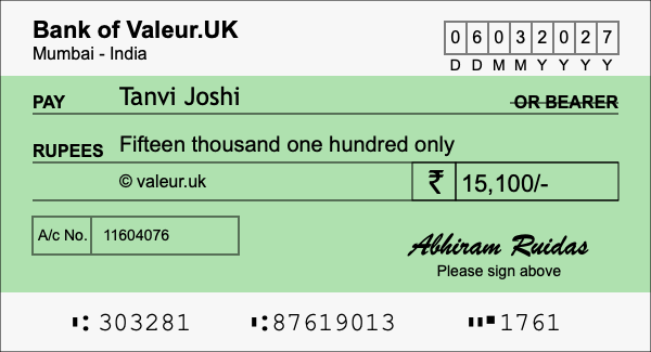 How to write a cheque for 15,100 rupees