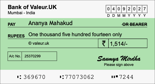How to write a cheque for 1,514 rupees How to write a cheque for 1,514 rupees