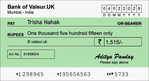 How to write a cheque for 1,515 rupees