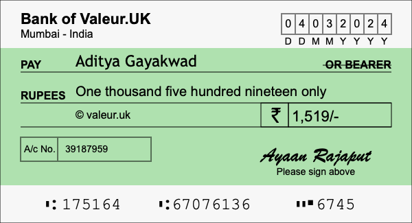 How to write a cheque for 1,519 rupees