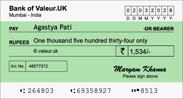 How to write a cheque for 1,534 rupees