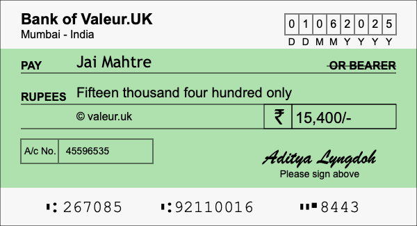 How to write a cheque for 15,400 rupees