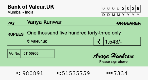 How to write a cheque for 1,543 rupees
