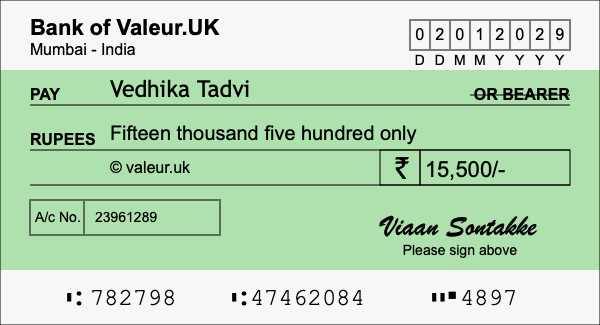 How to write a cheque for 15,500 rupees