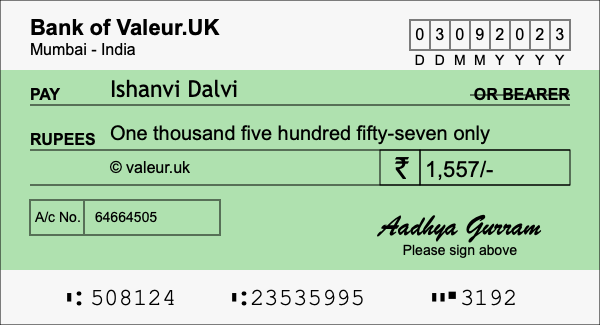 How to write a cheque for 1,557 rupees