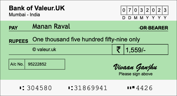 How to write a cheque for 1,559 rupees