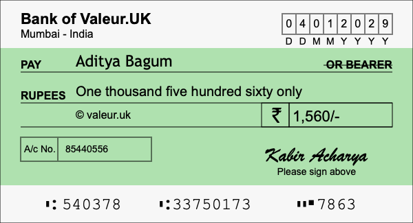 How to write a cheque for 1,560 rupees