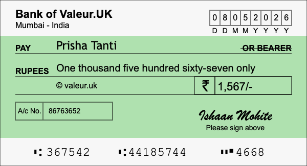 How to write a cheque for 1,567 rupees