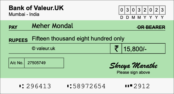 How to write a cheque for 15,800 rupees