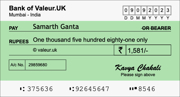 How to write a cheque for 1,581 rupees