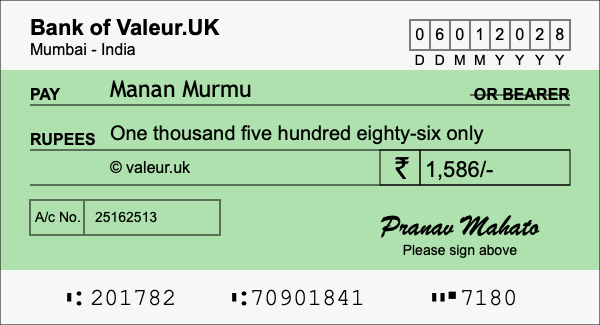 How to write a cheque for 1,586 rupees