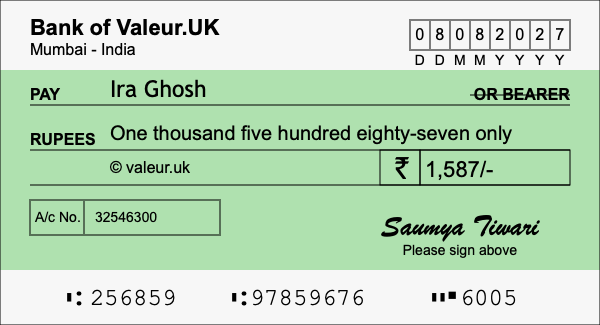 How to write a cheque for 1,587 rupees